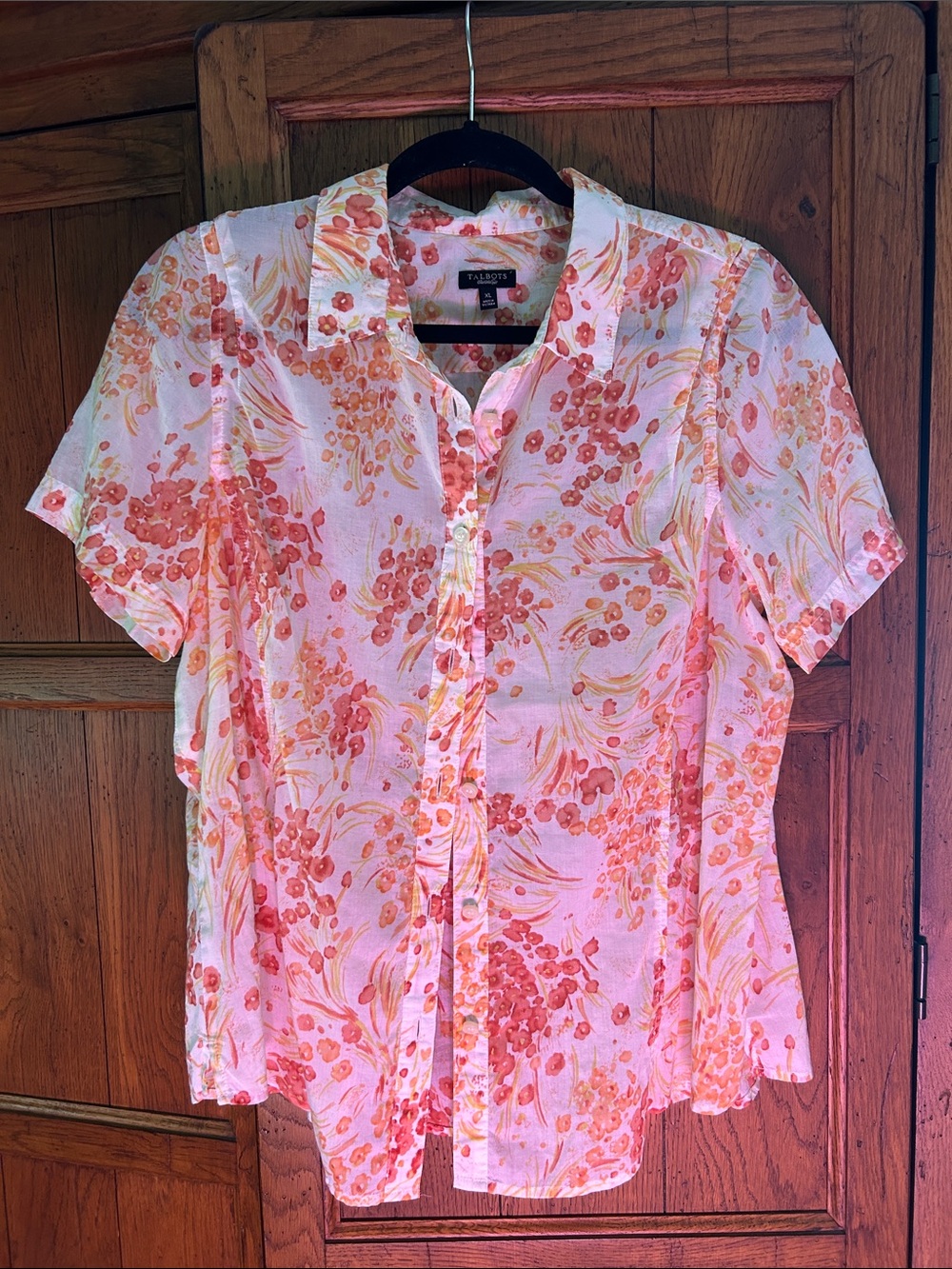 Talbots Cream and Coral Floral Short Sleeve Button-Down Shirt